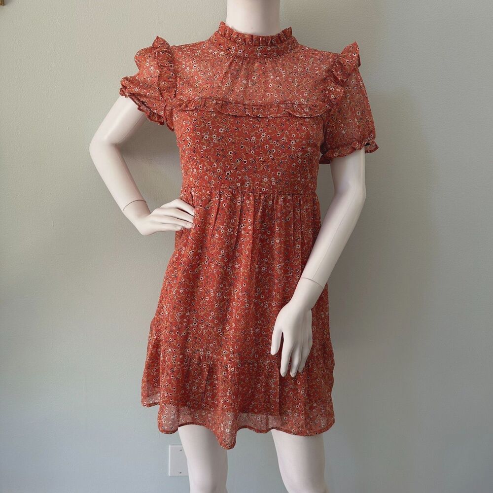 NWT Trixxi High Neck Mini Dress Rust Pink Ruffle Trim Puff Short Sleeve size S